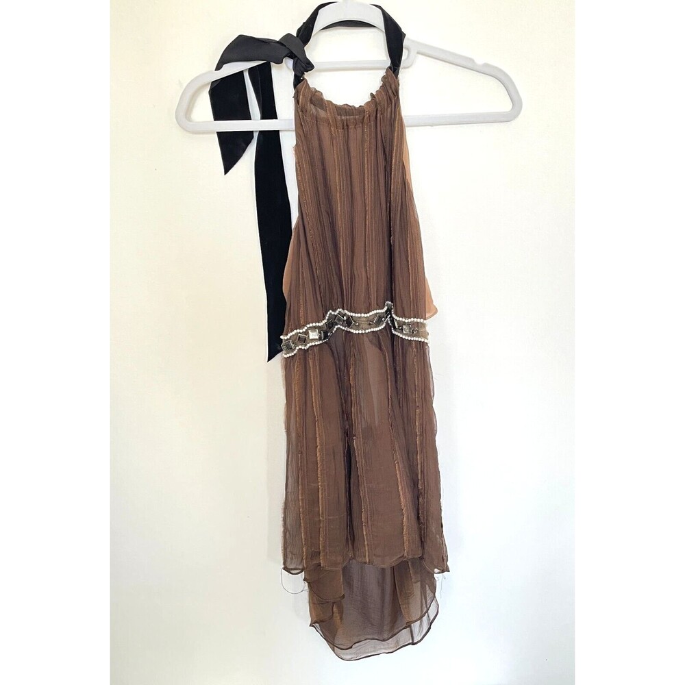 VERA WANG COLLECTION Silk Halter Top beaded detail with velvet ribbon closure